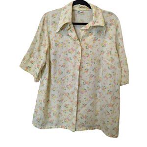 Sears Perma Prest Button Up Shirt Yellow Floral Womens Short Sleeve‎ Vintage